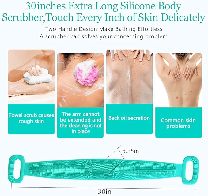 Inmorven Exfoliating Back Scrubber for Shower with Handles, 30 Inch Double-Sided Back Exfoliator Body Scrub Towel, Exfoliating Washcloth Bath Tool for use in Shower, Clean Skin for Men & Women (Green)