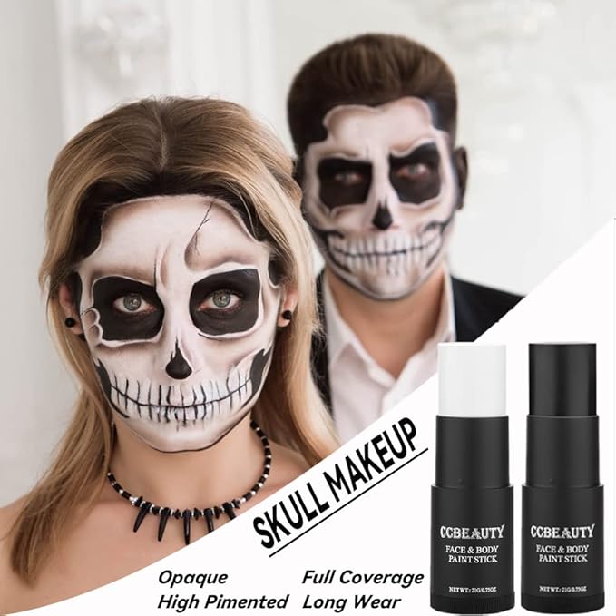 CCBeauty White Black Face Body Paint Stick, Oil Based Cream Blendable Foundation for Clown Skeleton Vampire Skull Joker Mime Cosplay Special Effects Costume , SFX Makeup For Halloween Party