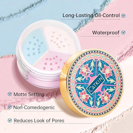 CATKIN Loose Setting Powder - Translucent Shimmer Finishing Powder, 3 Colors Even Skin Tone, Oil Control Makeup Pore Minimizing Powder with Velour Puff (0.42oz, C03 Shimmer for Dry Skin)