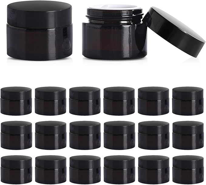 Amber Glass Jars with lids, 24 Pack 1oz Empty Cosmetic Jars, Refillable Airtight Wide Mouth Container for DIY, Sample, Cream, Lotion, Candle Making, Powder, Cosmetic