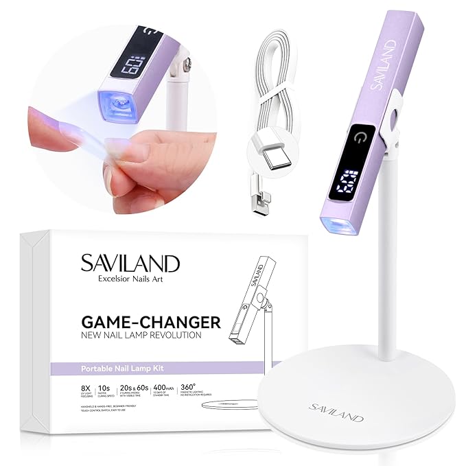 SAVILAND Handheld U V Light for Gel Nails: Magnetic Stand & 10S Flash Cure Mini Nail Light 3-Timer Modes Portable LED Nail Lamp Nail Dryer Cordless Gel Lamp LCD Screen Home DIY Manicure Purple