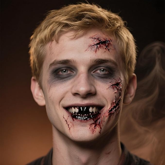 BOBISUKA 6 Piece Halloween SFX Special Effects Makeup Kit - Fake Blood Gel + Clear Liquid Latex + Black Tooth Paint + Modeling Scar Wax with Spatula Tool and Black Stipple Sponge All in One