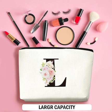 Personalized Makeup Bag, Initial Letter L Makeup Bag for Women Rose Monogram Cosmetic Bags Toiletry Pouch, Monogrammed Gifts for Women Mom Grandma Sister Friends Thanksgiving Christmas Birthday Gift