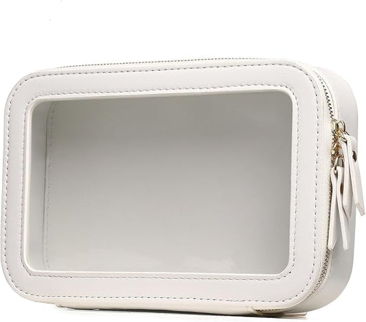 Pinkmik Clear Makeup Bag Transparent Travel Case for Cosmetics and Toiletries Women's Clear Car Bag with Zipper (White, Small)