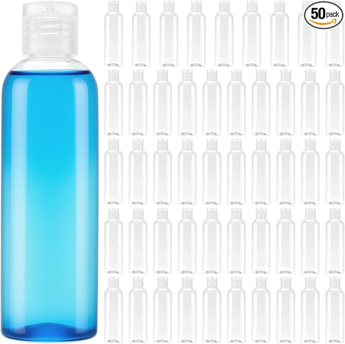 MOUYAT 50 Pack 4oz Clear Plastic Flip Cap Bottles, 120ml Empty Squeeze Travel Bottles, Mini Refillable Flip Cap Travel Size Sample Containers for Lotion, Cream and Toiletries