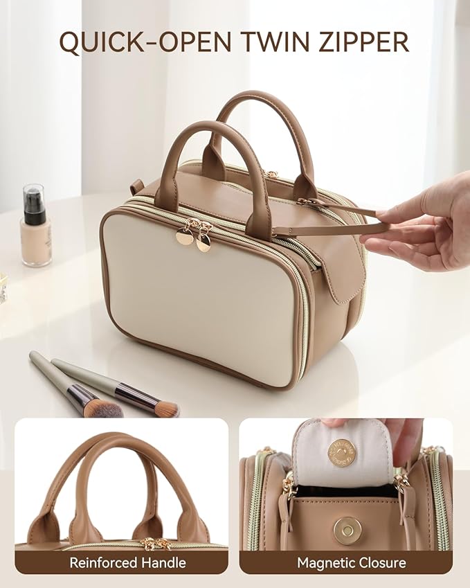 Prite Makeup Bag for Women, Large Capacity Waterproof Travel Cosmetic Organizer, Portable Open Flat Toiletry Bag with Free-standing Brush Holder and Handle(Beige Brown Large)