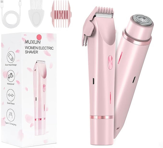 Bikini Trimmer for Women-2 in 1 Dual Head Electric Razors,USB Rechargeable Bikini Electric Shaver,IPX7 Waterproof Dry & Wet Use Body Hair Trimmer and Facial Hair Remover for Underarm Leg Body,Pink