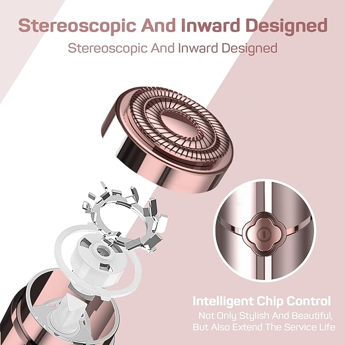 Facial Hair Removal for Women, Electric Painless Facial Hair Remover, Rechargeable Hair Removal Device for Face, Lip, Chin with 2 x Replacement Heads, Rose Gold