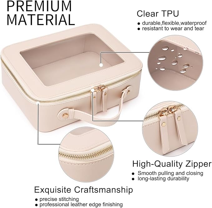 Pinkmik Clear Makeup Bag for Women Waterproof Travel Cosmetics and Toiletries Case Portable Makeup Oaganizer Bag Clear Car Bag with Zipper (Beige, M+L-1)