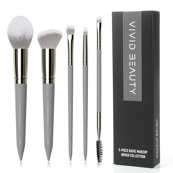 5pcs Travel Makeup Brush Set – Face & Eye Basic Brushes for Powder, Blush, Crease, Eyeshadow, Eyesbrow & Eyelash – Soft, Skin Friendly Synthetic Fiber – Your Make up Essential Brush Kit (Grey)