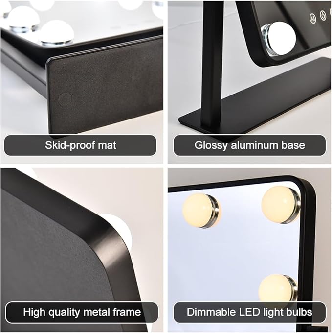 Lighted Vanity Mirror with Lights, 14.2"L x 12"W, Black, Tabletop Mount, Modern Style, Dimmable, Touch Control, Color Changing, Perfect for Bedroom & Dressing Room