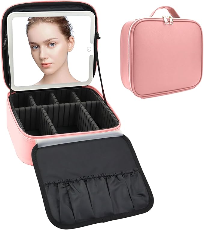 Travel Makeup Bag with LED Mirror Travel Makeup Organizer with 3 Lighted Settings, Adjustable Dividers and Makeup Brush Storage Bag Pink