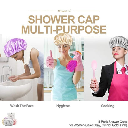 Shower Cap for Women Reusable Extra Large Shower Caps for Men Satin Double Layer EVA Waterproof Long Hair Caps(Silver Gray, Orchid, Gold, Pink 4 Pack)