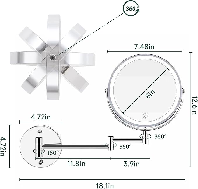 1X/10X Wall Mounted Lighted Makeup Mirror - 8" Dual-Sided Vanity Mirror with 3 Color Lights for Bathroom Bedroom Makeup Studio | 4000 mAh-USB Rechargeable | Touch Dimmable | Extended Arm 360° Rotation