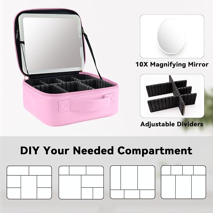 Travel Makeup Bag with LED Mirror and 10x magnifying glass with 3 Lighted Settings, Adjustable Dividers and Makeup Brush Storage Bag Light Pink