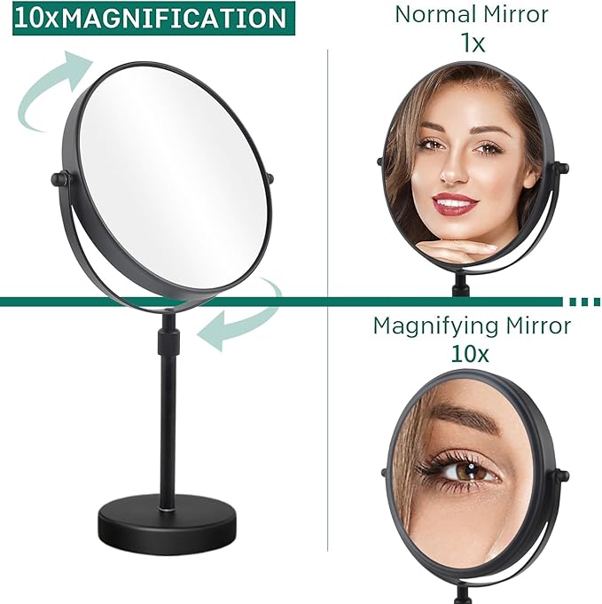 Nicesail 19 Inch Tall Makeup Mirror with 10X Magnification, 8 Inch Magnifying Mirror Tabletop with Pedestal, Height Adjustable Black (8 Inch, 10X)