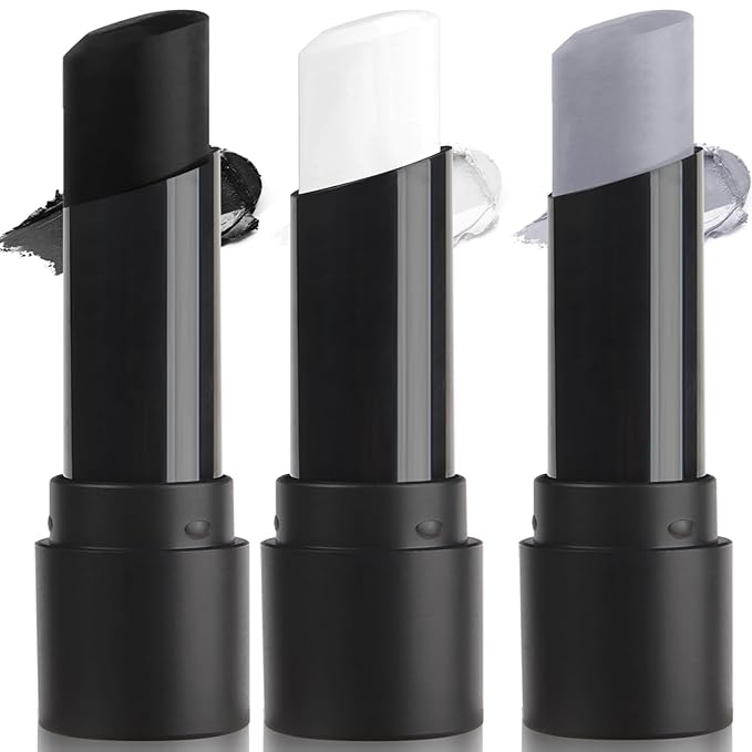 MEICOLY 3PCS Black White Light Grey Face Body Paint Stick,Halloween Zombie Skeleton Makeup Face Paint,Clown White Makeup SFX Cosplay for Adults and Kids,Eye Black Stick for Baseball & Softball