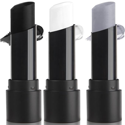 MEICOLY 3PCS Black White Light Grey Face Body Paint Stick,Halloween Zombie Skeleton Makeup Face Paint,Clown White Makeup SFX Cosplay for Adults and Kids,Eye Black Stick for Baseball & Softball