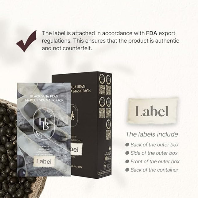 HEVEBLUE Black Yuja Bean Makeup Spa Mask Pack 10ea - 0.8 Fl. Oz of Ampoule Per Sheet, Nourishing, Sensitive Skin, Korean Skincare, Aesthetic, Moisturizing, Vegan, Hypoallergenic, K-Beauty