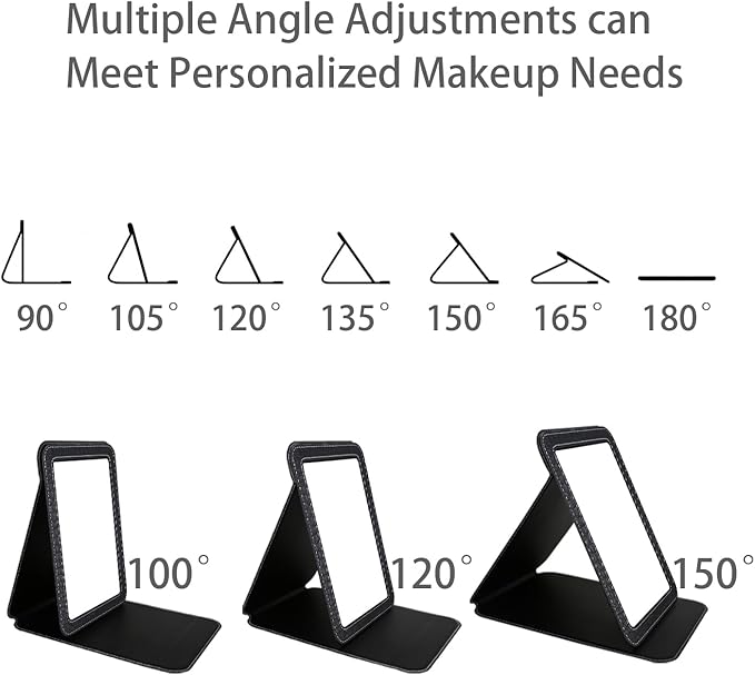 Black Foldable Desk Mirror, 6.5×8.9” Adjustable Angle Rounded Rectangle PU Edge Covering Travel Mirror with Stand (LBlack)