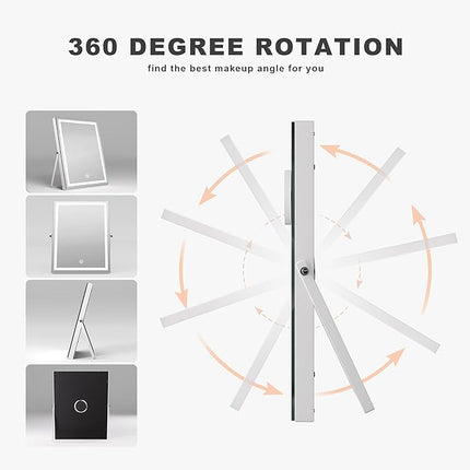 Hasipu Vanity Mirror with Lights and Bluetooth Speaker, 10.6" x 13.8" LED Makeup Mirror with 10X Magnification, Smart Touch 3 Colors Dimmable, Brightness Adjustment, 360° Rotation, White