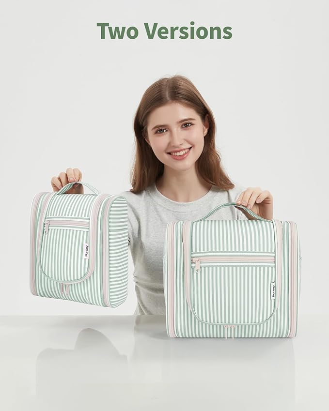Narwey Small Striped Hanging Travel Toiletry Bag for Women, Travel Bag for Toiletries, Makeup Bag Organizer Cosmetic Bags Make Up Bags for Women (Mint Green Stripe)