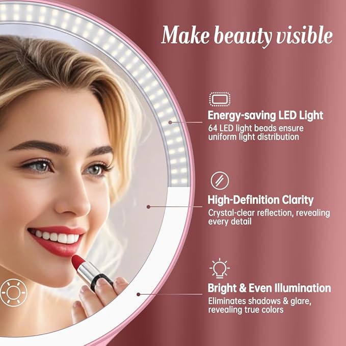 Luxspire Magnifying Mirror with Light, 10X / 1X Double Sided Makeup Mirror, Portable Travel Makeup Mirror with 3 Color Lights and Magnification, Foldable Handheld Lighted Mirror, Pink