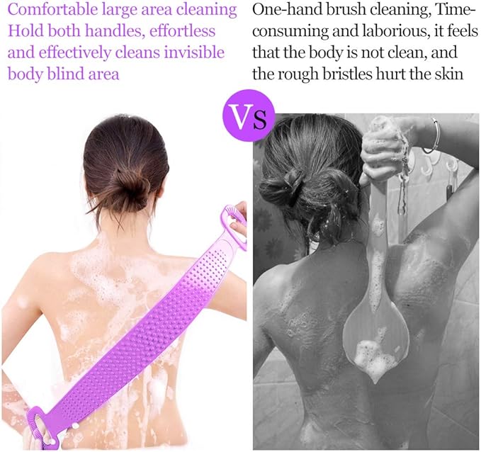 Inmorven Exfoliating Back Scrubber for Shower with Handles, 30 Inch Double-Sided Back Exfoliator Body Scrub Towel, Exfoliating Washcloth Bath Tool for use in Shower, Clean Skin for Men & Women(Purple)
