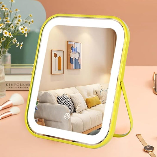 Gold Vanity Mirror with Lights,10"x8" Rechargeable LED Lighted Makeup Mirror, Large Makeup Mirror with Lights, Touch Screen with 3-Color Lighting, Dimmable, for Vanity Desk Tabletop, Bedroom