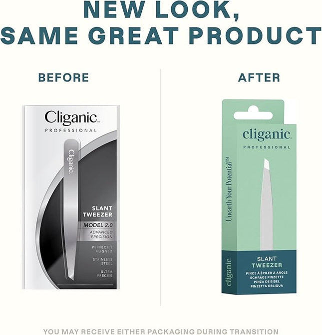 Cliganic Professional Eyebrow Tweezers Slant Tip (Silver) - Precision for Men & Women, Stainless Steel Best for Plucking Chin Facial Hair