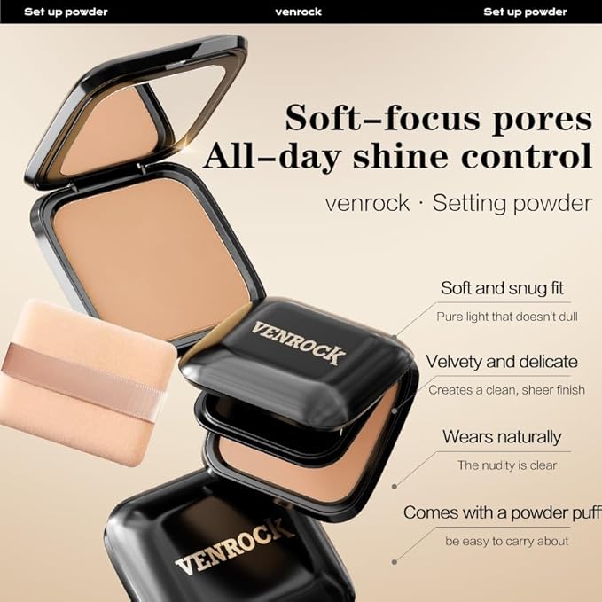 Venrock Soft Velvet Pressed Powder Long-lasting oil control,Natural lightweight finish,Gentle and non-irritating Brightens skin tone Quick touch-ups,Blurs pores,Concealing (03#Brown, 0.23 oz)