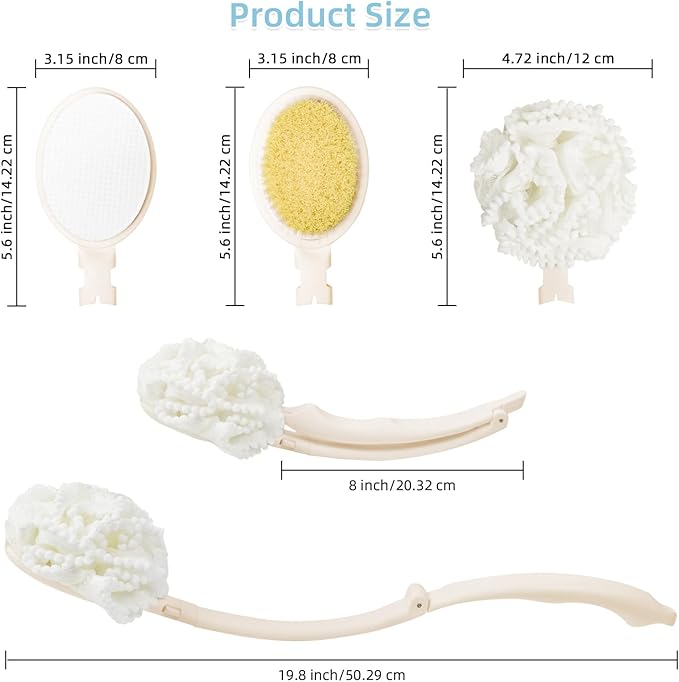 Loofah Sponge with Handle,Back Scrubber Brush for Shower, Lotion Applicator for Back,3 in 1 Shower Kit (White loofah)