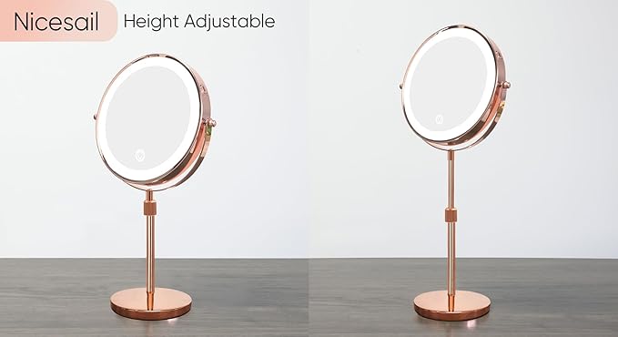 Nicesail LED Makeup Mirror 10X Magnification, 8 Inch Light Magnifying Mirror with 3 Color Light, Height Adjustable Brightness Vanity Mirror with Stand, 360 Rotation Double Sided for Make up, Rose Gold