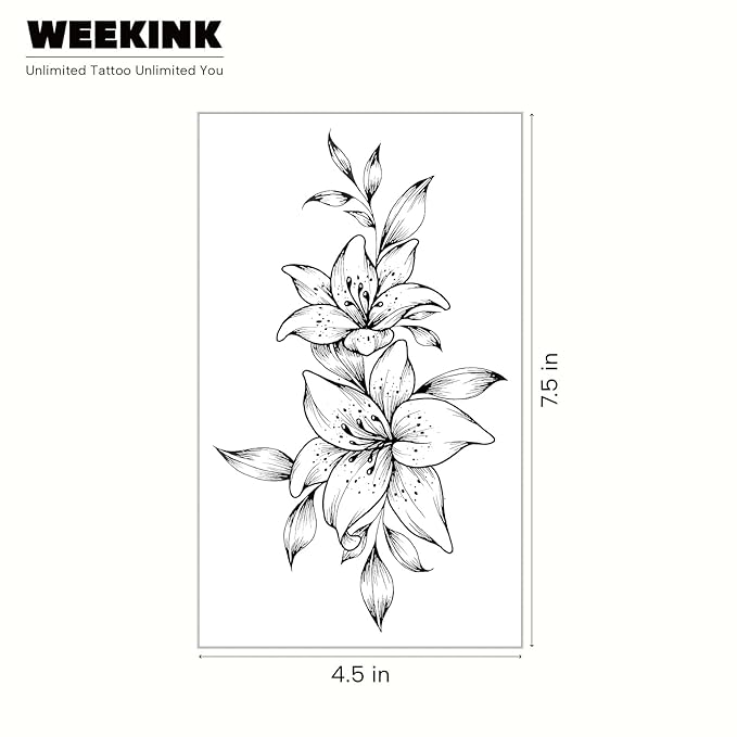 Lily Outline Temporary Tattoos – Large Black & White Floral Vine Tattoo, Waterproof & Long Lasting 2 Weeks, Realistic Floral Fake Tattoos for Women