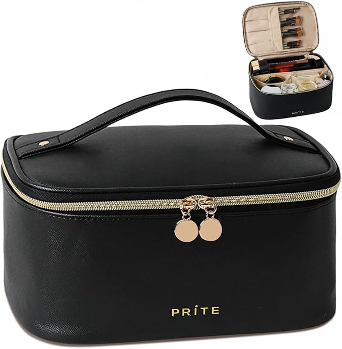 Prite Makeup Bag Portable Cosmetic Organizer with Brush Holder Waterproof Travel Toiletry Bag for Women with Handle and Divider (Black)
