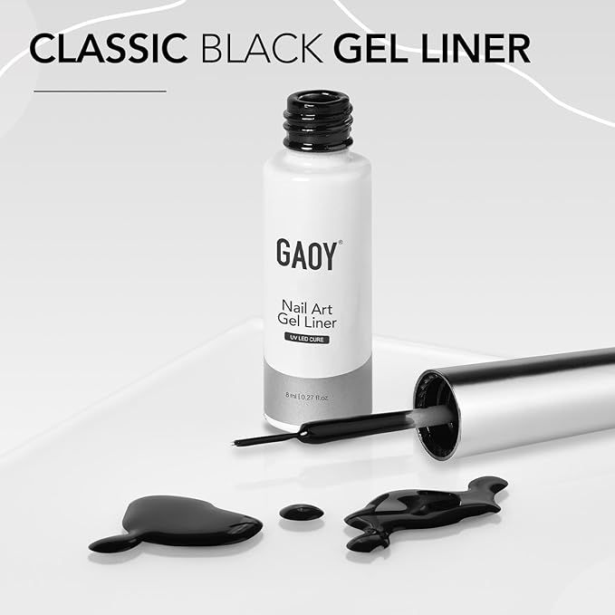 GAOY Black Swirl Gel Nail Polish Art Liner, 8ml Classic Color Nail Paint Design with Thin Brush, UV Light Cure for DIY French Manicure at Home