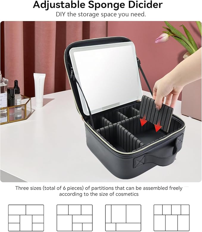 Travel Makeup Bag with LED Mirror with 3 Lighted Settings, Adjustable Dividers, Makeup Brush Storage Bag and Jewelry Case Black