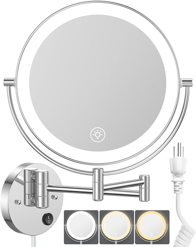 Benbilry 9" Large Wall Mounted Lighted Makeup Mirror, 1X/10X Magnifying 2-Sided AC Plug-in Powered Bathroom Mirror with 3 Color Lights, Touch Dimmable, Extended Arm 360° Rotation, Chrome