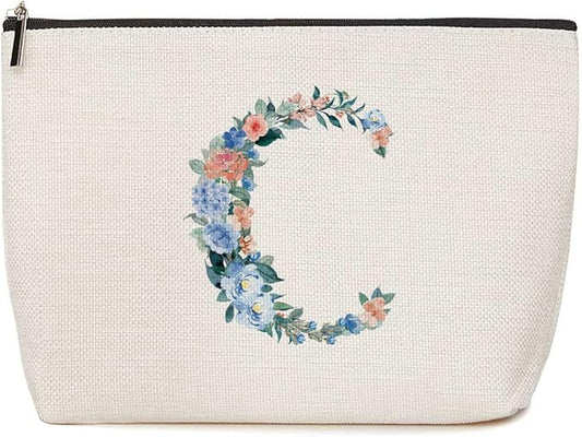 Initial Makeup Bag Monogrammed Travel Toiletry Bag Monogram Cosmetic Bag Birthday Christmas Bridal Shower Bridesmaid Gifts Personalized Gifts for Women Bride Teacher Coworker, Floral Letter C