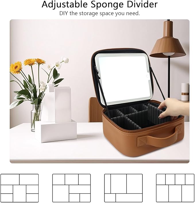 Travel Makeup Bag with LED Mirror Travel Makeup Organizer with 3 Lighted Settings, Adjustable Dividers and Makeup Brush Storage Bag Brown