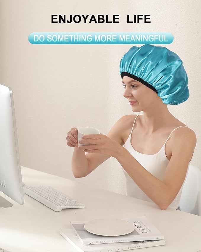 YIZIJIZI Triple Layer Reusable Waterproof Shower Cap for Women Large Terry Lined Hair Cap for Long Thick Hair Travel Bath Care Light Blue