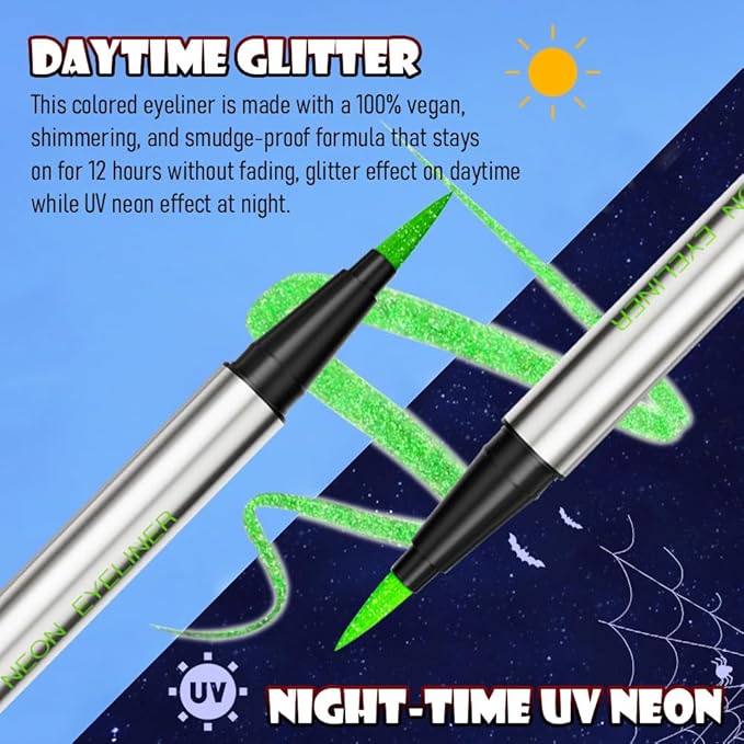 evpct Green Shimmer Eyeliner UV Neon Gel Eyeliner Pencil Makeup, Rainbow Halloween Colored Colorful Gel Eye Liner Pen Glow in Dark Makeup, Long Lasting Waterproof Eyeliners for Face Body Painting