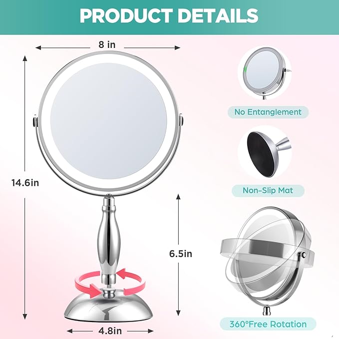 Makeup Mirror with Lights, 20X Magnifying Mirror with Light and STC- Side Charging & Side Touch Switch, Vanity Mirror with 3 Color Light and 2-Side 360° Rotation Double Sided Standing Desk Mirror