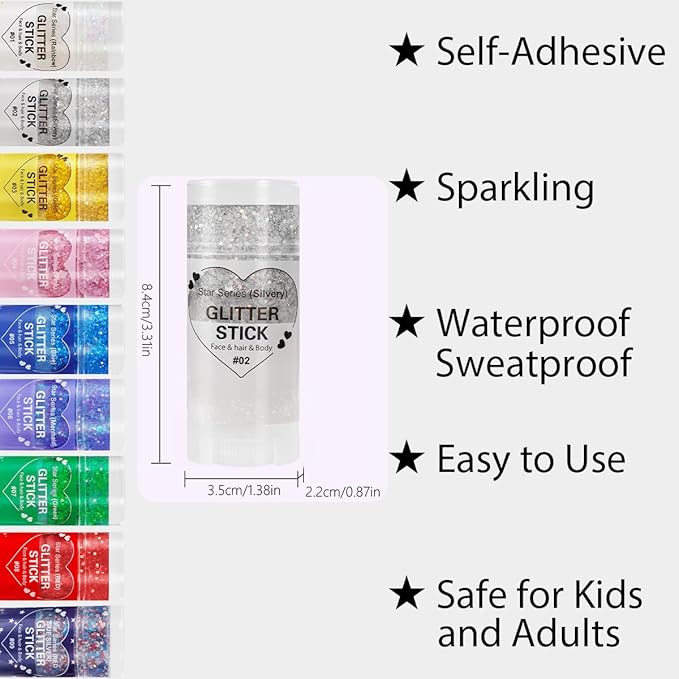 Mysense Silver Body Glitter Stick,Face Hair Glitter Makeup,Sparkling Mermaid Sequins Chunky Glitter Face Paint,Singer Concert Outfit Festival Rave Accessories for Women and Kids