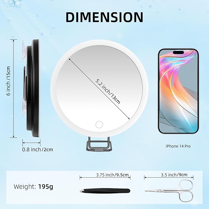 30X Magnifying Mirror with Lights, 6inch Makeup Magnifying Mirror, Travel 30x High Magnification with 3 Color Dimmable Lights - 3 Suction Cups & Adjustable Stand, for Detailed Makeup/Shaving