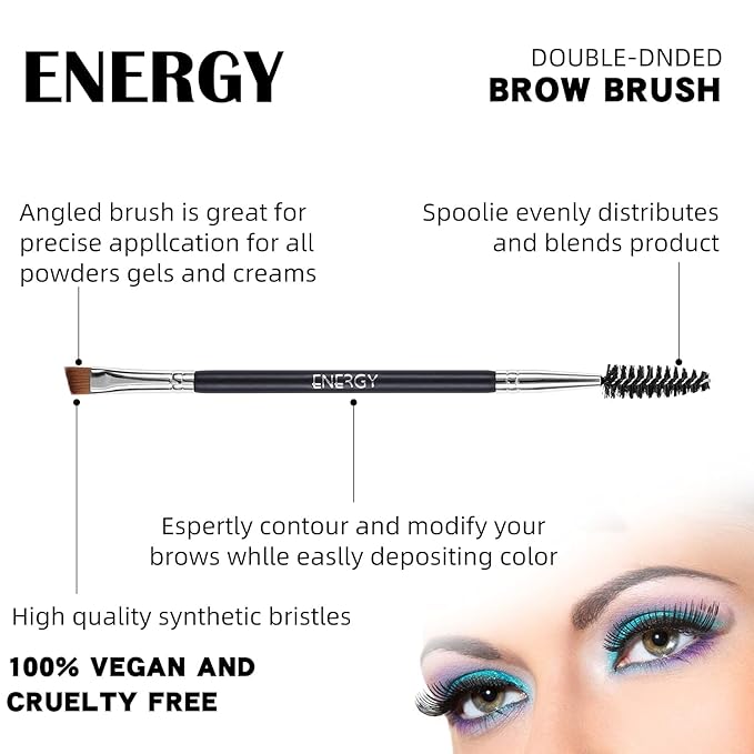 ENERGY Precision Dual-Sided Eyebrow Brush with Spoolie - Vegan Brow Tool for Shaping, Defining, Grooming, Lifting, Applying Brow Wax & Gel - Professional Angled Brush & Eyelash Comb