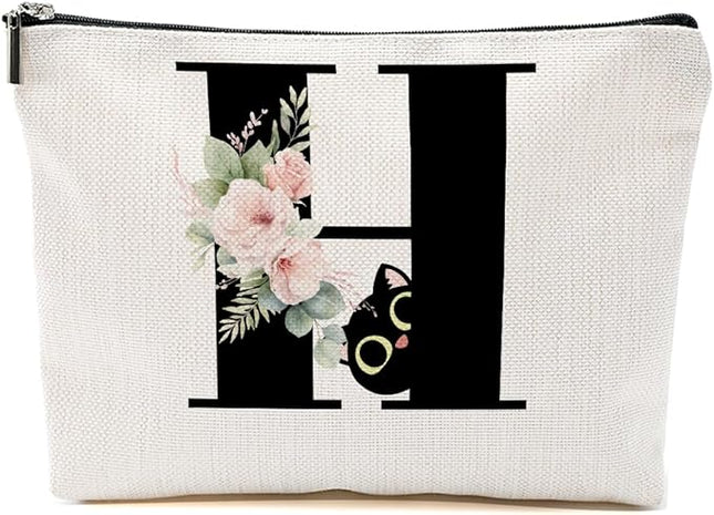 Floral Cat Initial Makeup Bag, Personalized Skin Care Bag, Travel Organizer Toiletry Bags for Women Mom Friends, Cosmetic Bags Makeup Pouch with Zipper, Letter H