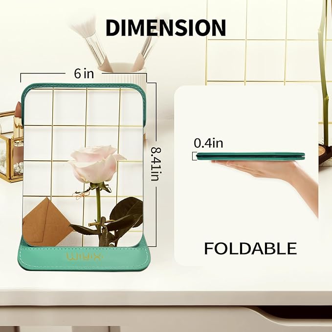 Foldable Travel Makeup Mirror, Adjustable Angle Portable Standing Vanity Mirror, Compact PU Leather Design for Home/Camping/Desktop Use, Fresh Green (8.4"x6")
