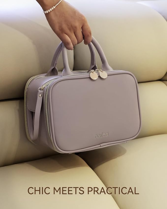 Prite Makeup Bag for Women, Large Capacity Waterproof Travel Cosmetic Organizer, Portable Open Flat Toiletry Bag with Free-standing Brush Holder and Handle(Purple Meidum)