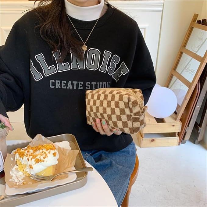 PAZIMIIK Checkered Makeup Bag for Purse Portable Zipper Make Up Pouch Small Cosmetic Case for Travel Accessories (2PCS Coffee)